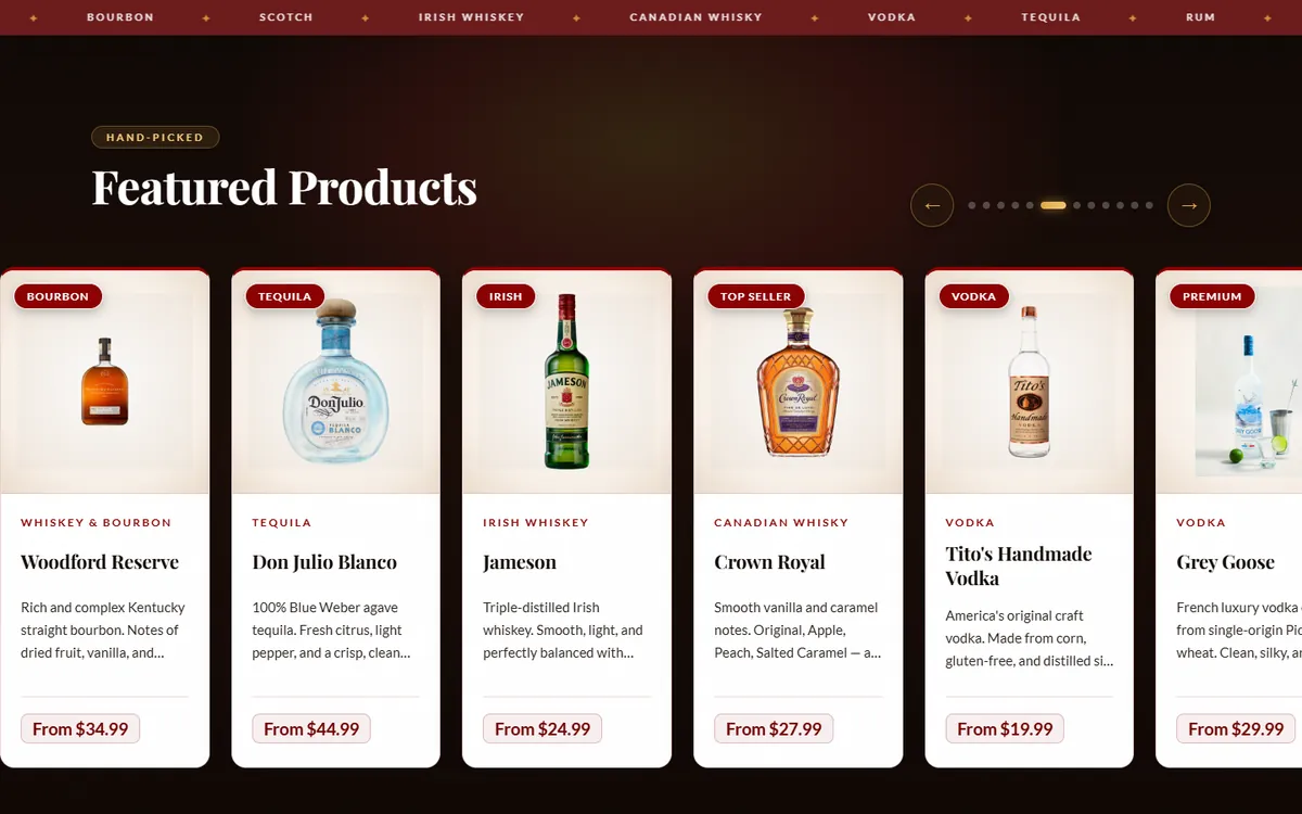 Featured products carousel on the Chianti Liquor website