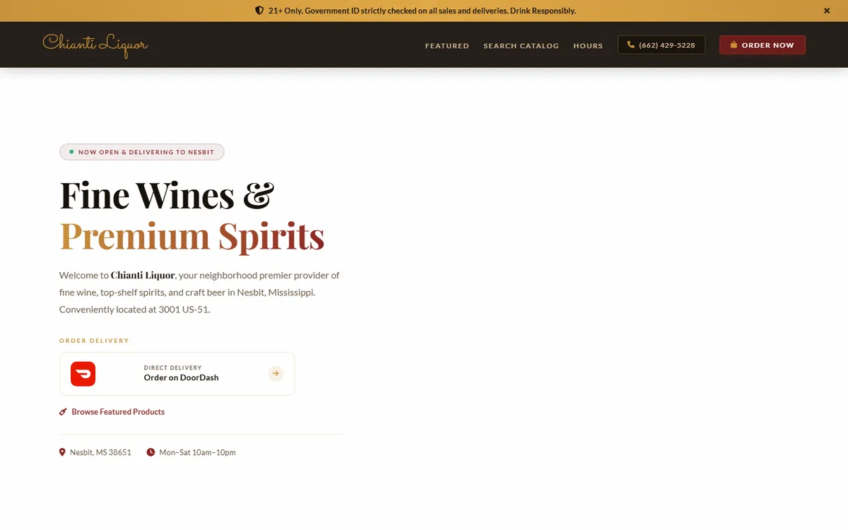 Chianti Liquor homepage with delivery ordering and store details