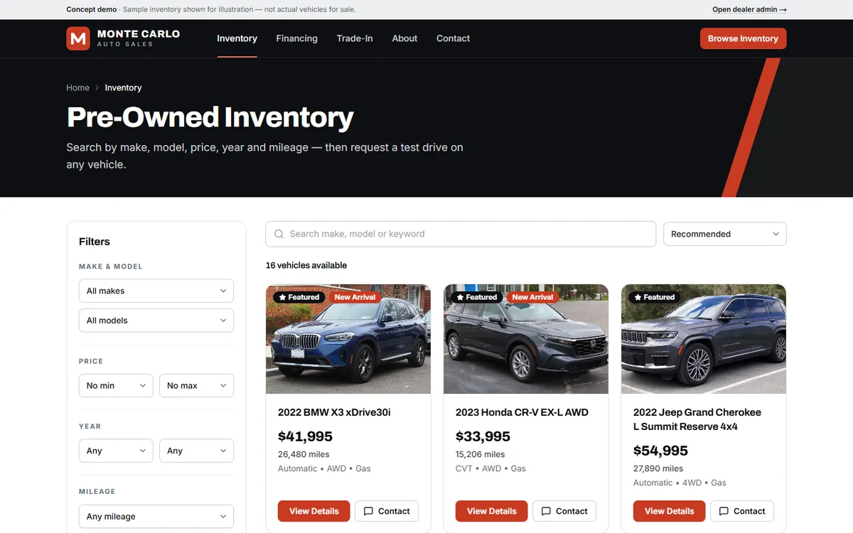 Inventory page with filters and vehicle cards