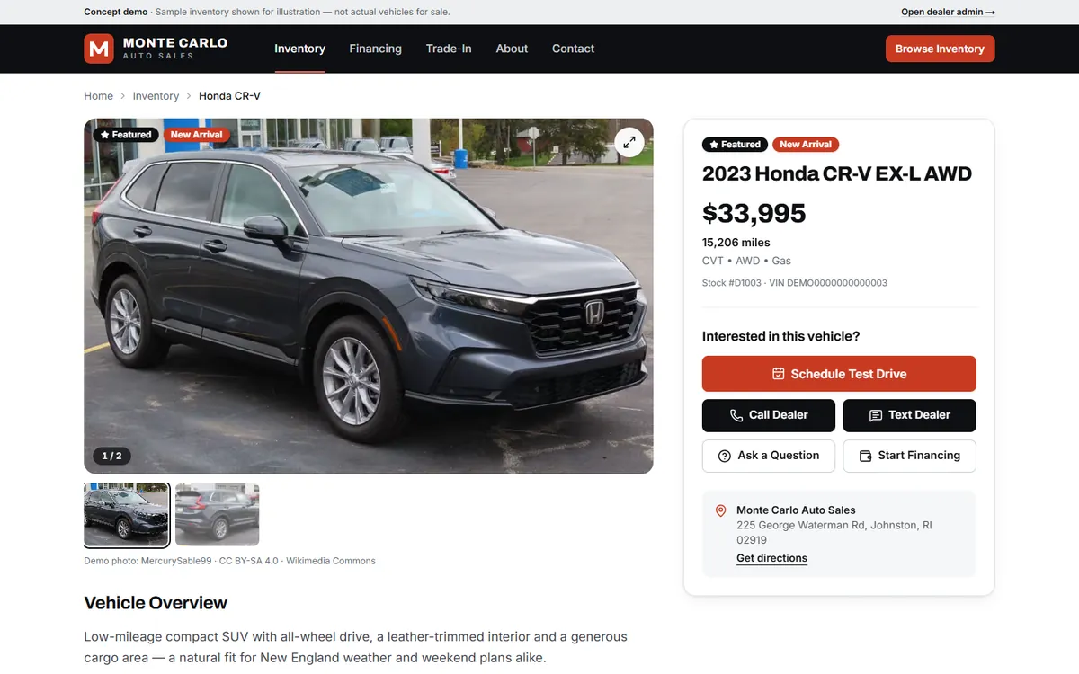Vehicle detail page with photos, price, and contact actions