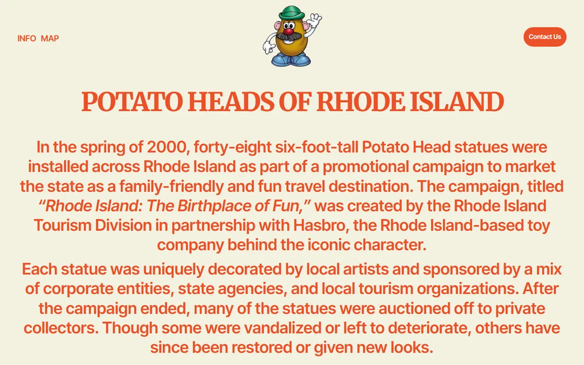 RI Potato Heads homepage telling the history of the statues